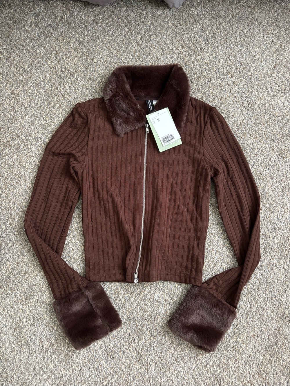 H&M Brown Ribbed Zip Jacket with Faux Fur Collar & Cuffs